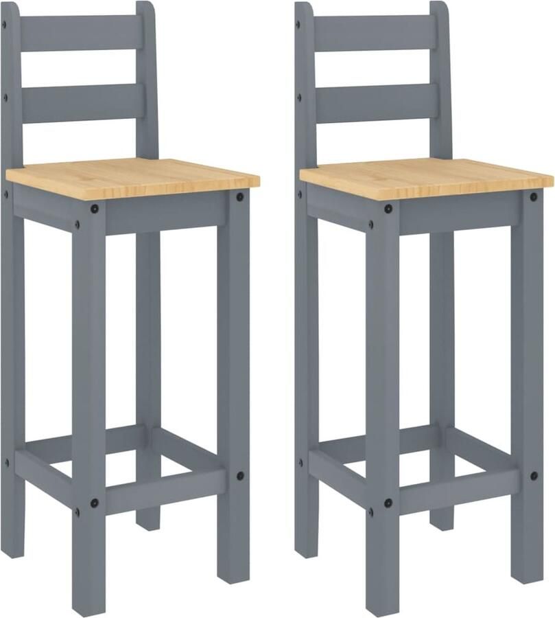 VidaXL Barstoelen 2 stuks Massief grenenhout Grijs Barstoel Rustieke Meubels Granenhouten Meubels Bruine Barstoelen Grijs Eetkamerstoelen Keukenstoelen - Foto 2