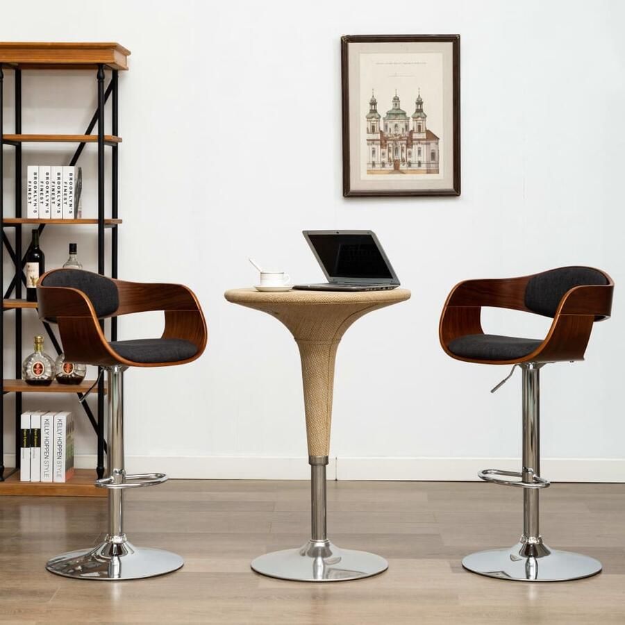 VidaXL Barstoelen 2 stuks Gebogen hout en stof Barstühlen Barkruk Eetkamerstoelen Keukenstoelen Design Meubels Moderne Stoelen Grijze Stoelen Bruine Stoelen Hoogtestelbare Stoelen Met Armleuningen - Foto 2