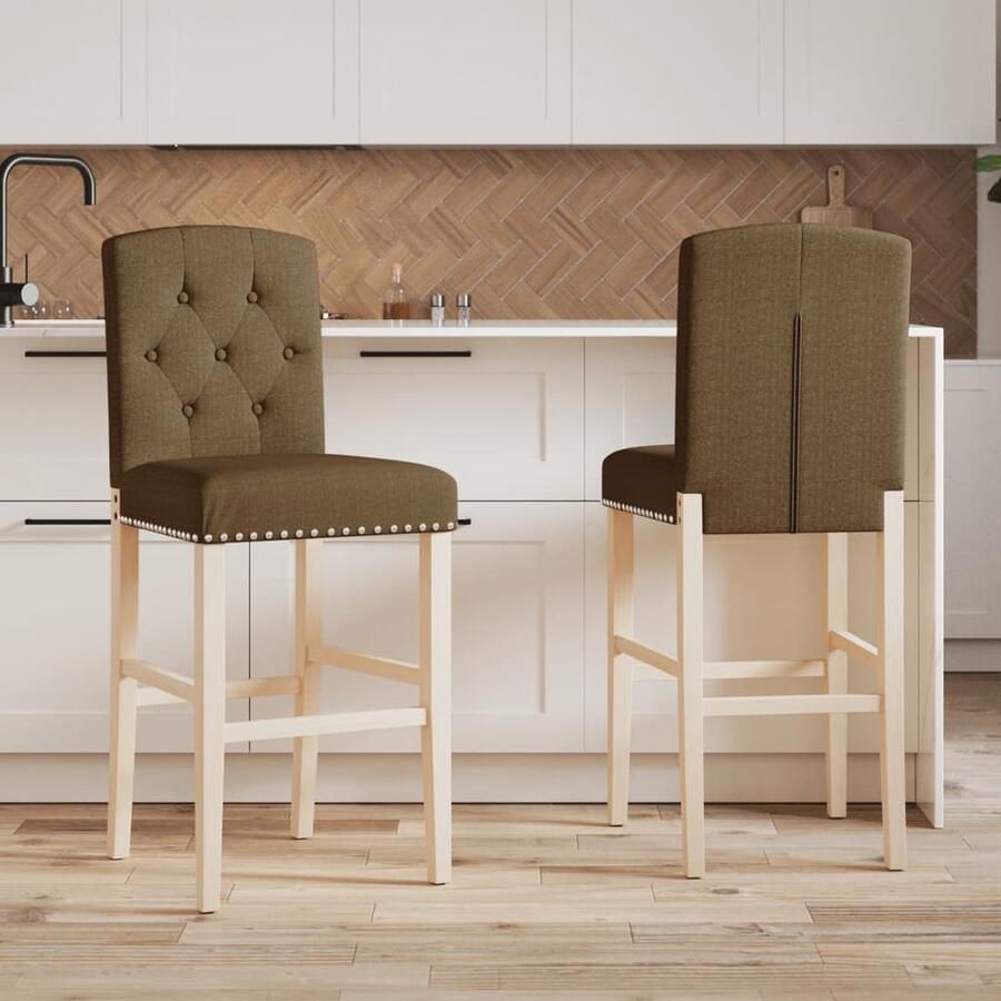 VidaXL Barstoelen 2 stuks Massief hout & stof Barstoelen Keukenbarkruk Eetkamerstoel Design Meubilair Rubberhouten Stoel Taupe Kleur - Foto 2