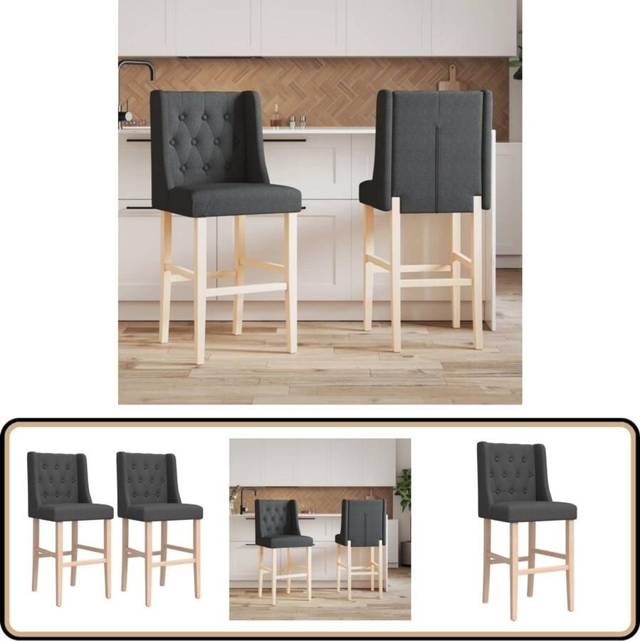 VidaXL Barstoelen 2 stuks Massief rubberhout Donkergrijs Barstoel Barkruk Houten Stoel Donkergrijs Meubilair Eetkamerstoel Keukensstoel Moderne Stoel