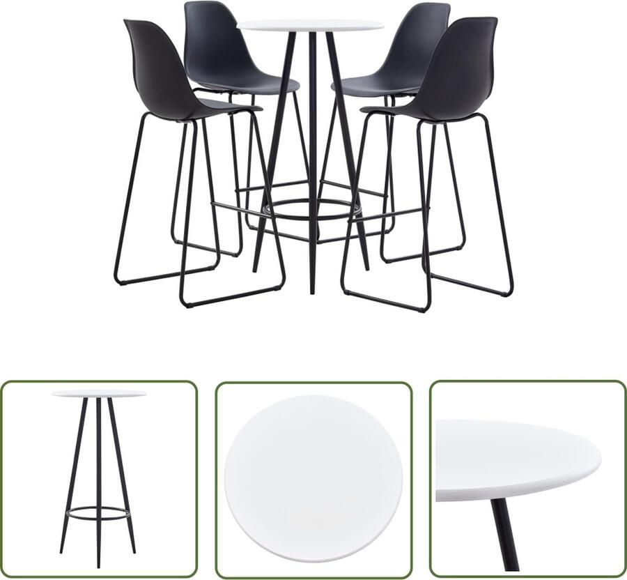 The Living Store Bartafelset Wit MDF tafelblad Gepoedercoat stalen frame 60 x 107.5 cm 4x zwarte kunststof barstoelen 48 x 57 x 112.5 cm Ideaal voor moderne woningen