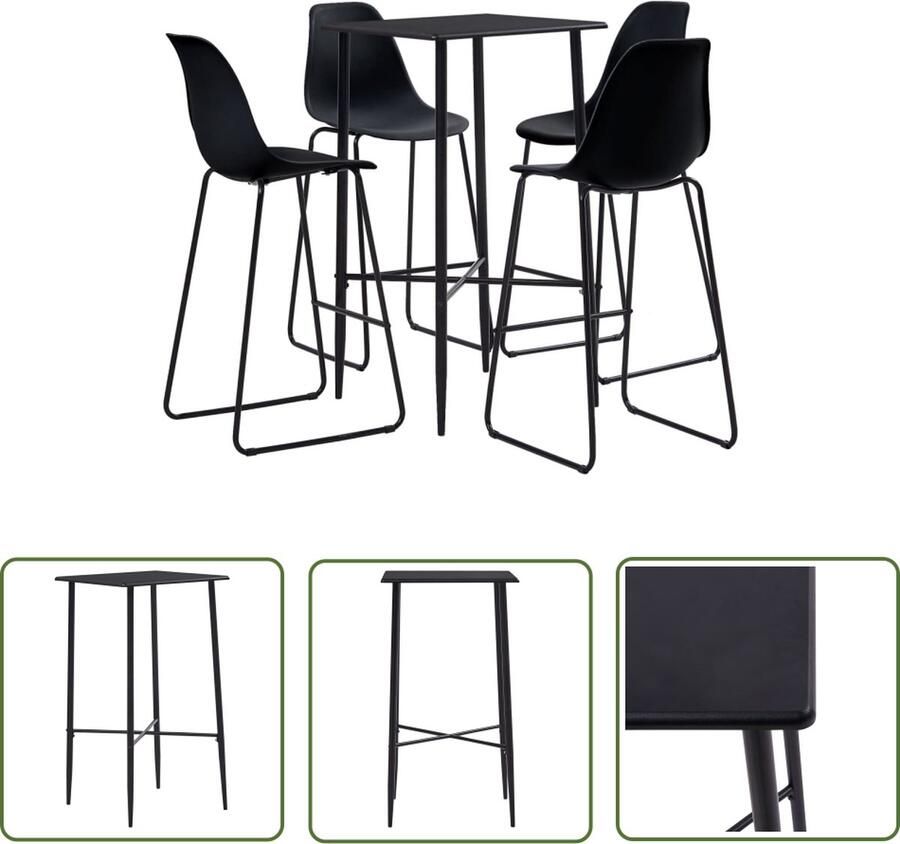 The Living Store Barset Salta Bartafel en 4 Barstoelen Zwart MDF PVC-coating Staal 60x60x111 cm Kunststof zitting Metaal 48x57x112.5 cm Bartafel Barstoelen Salon Meubilair Eetkamermeubel Zwarte Barset