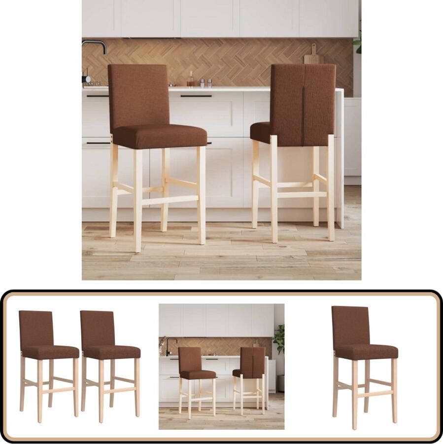 VidaXL Barstoelen Set van 2 Massief Hout & Stof Barkruk Barstoel Houten Barkruk Bruine Barkruk Design Barkruk