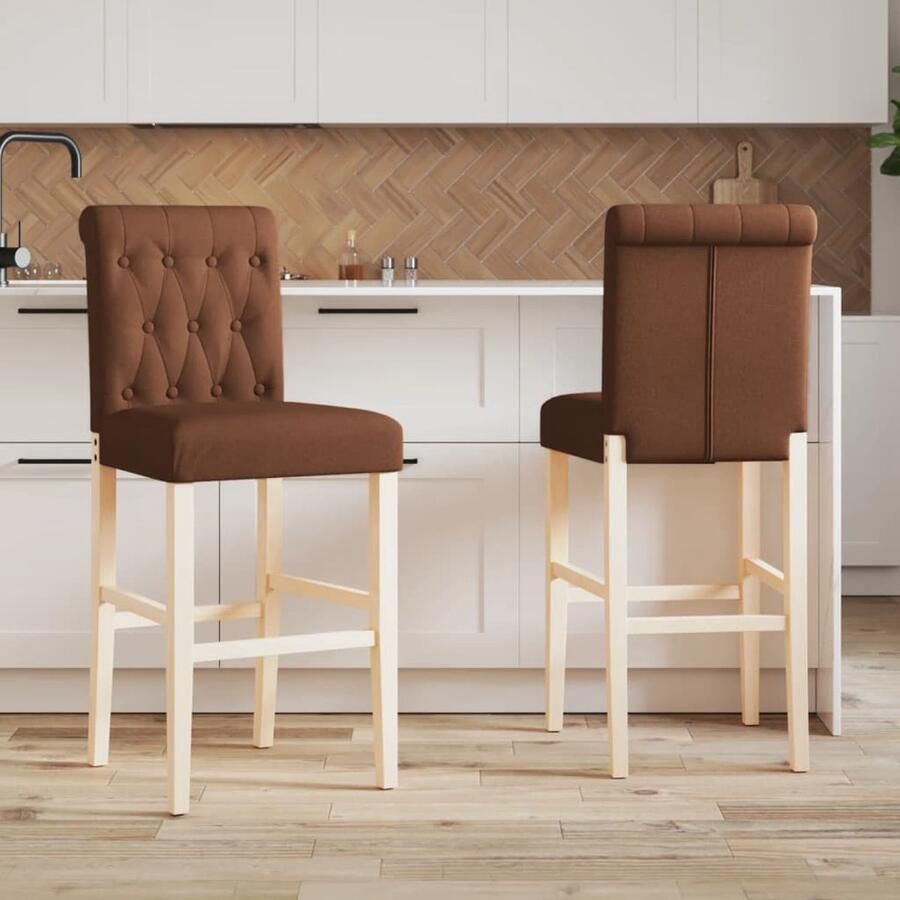 VidaXL Barstoelen Set van 2 Massief Hout en Stof Barstoelen Bruine Stoelen Houten Stoelen Barkrukjes Eetkamerstoelen Keukenstellen Woonaccessoires - Foto 2