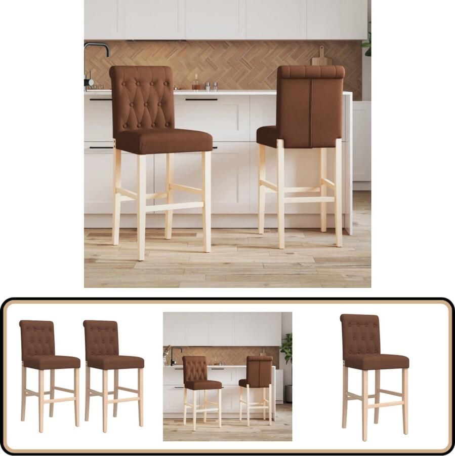 VidaXL Barstoelen Set van 2 Massief Hout en Stof Barstoelen Bruine Stoelen Houten Stoelen Barkrukjes Eetkamerstoelen Keukenstellen Woonaccessoires