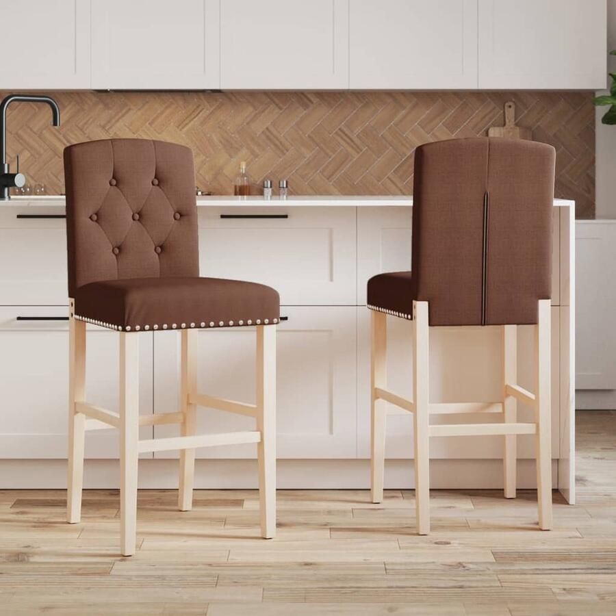 VidaXL Barstoelen Set van 2 Massief Hout en Stof Barstoelen Bruine Stoelen Houten Stoelen Eetkamerstoelen Keukenstoelen Barkrukken Moderne Stoelen Comfortabele Stoelen - Foto 2