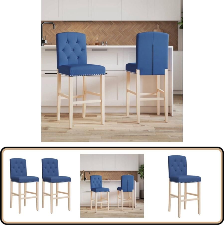 VidaXL Barstoelen Set van 2 Massief Rubberhout Barstooi Barkruk Eetkamerstoel Design Meubilair Houten Stoel Blauwe Stoel