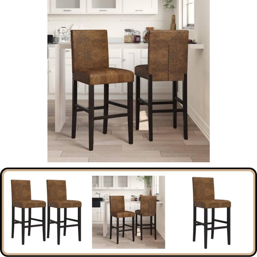 VidaXL Barstoelen Set van 2 Massief rubberhout Barstooll Bruine Stoel Zwarte Stoel Houten Stoel Rubberhouten Stoel Eetkamerstoel Keukensstoel Barkruk