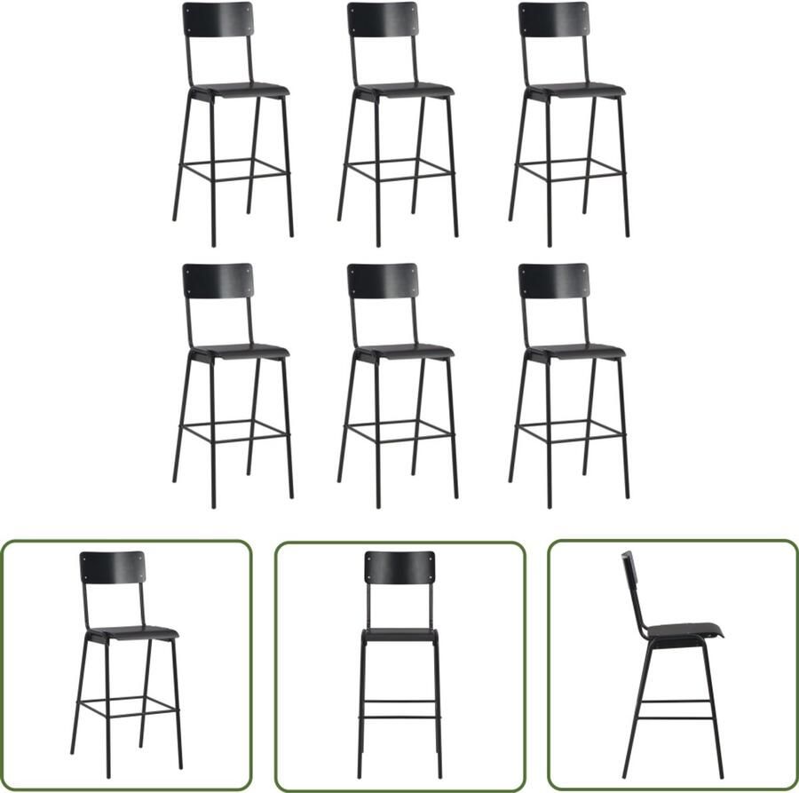 VidaXL Barstoelen Set van 6 Zwart Massief Multiplex Barstoolien Barkrukken Zwarte Barstoelen Eetkamerstoelen Keukenstoelen Stapelbare Stoelen Moderne Stoelen Houten Stoelen Metalen Stoelen