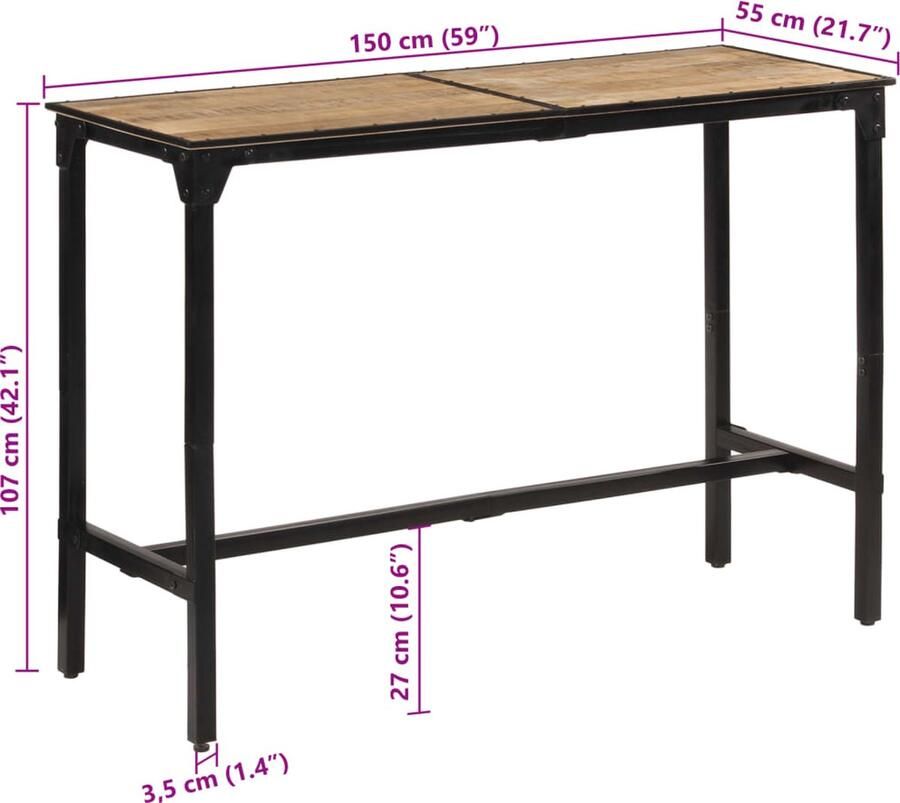 VidaXL Bartafel 150x55x107 cm massief ruw mangohout - Foto 2