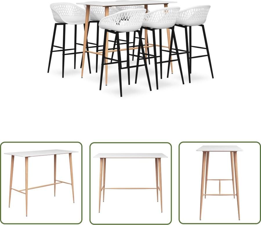 The Living Store Bartafel Set Wit MDF Metaal 120x60x105 cm 1 tafel 6 kruk Bar Set Bartafel Eetkamerstoel Eetkamerset Witte Meubels