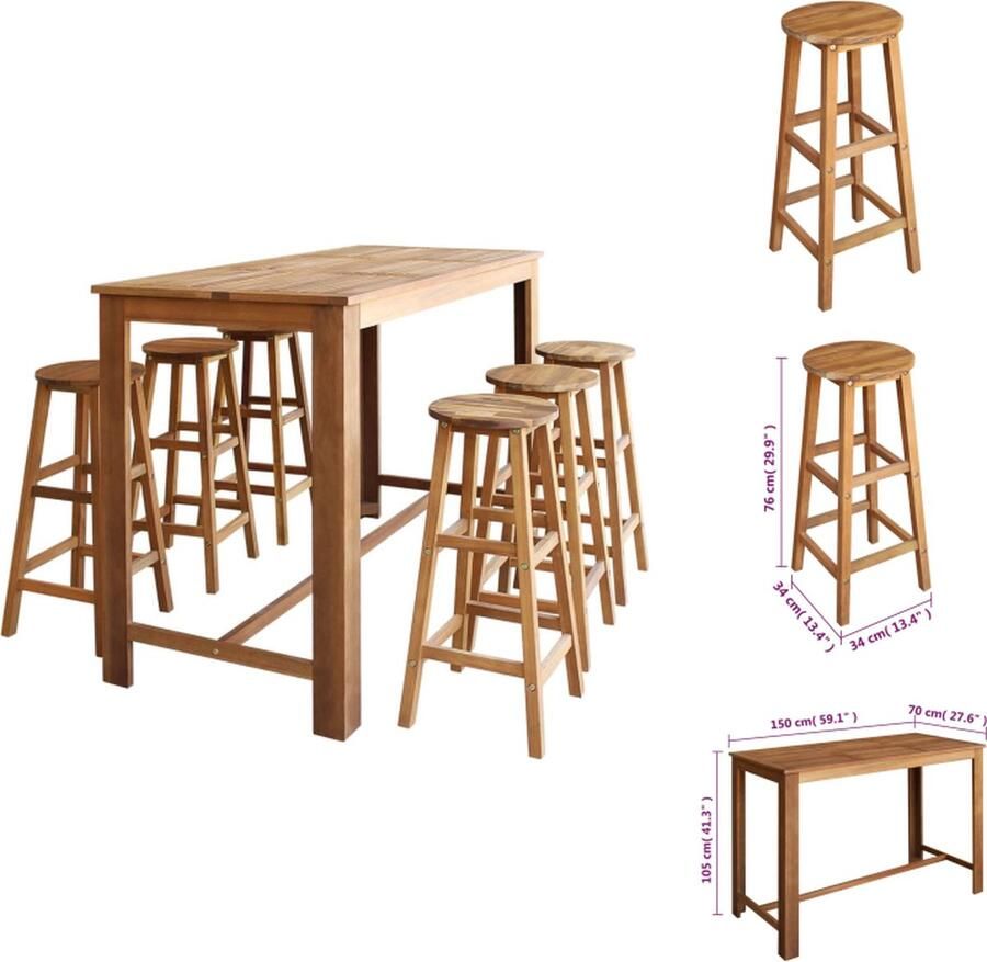 VidaXL Bartafel En -kruk Bartafels En -krukken Bartafel En -stoel Bartafels En -stoelen 7-delige Bartafel en -krukkenset massief acaciahout - Foto 2