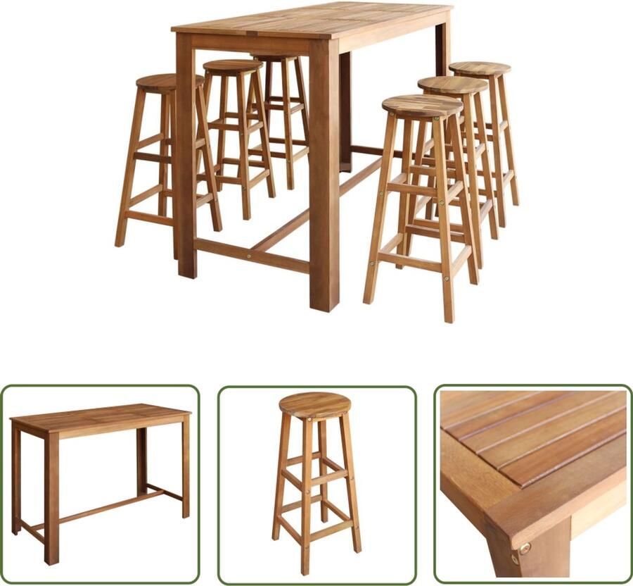 VidaXL Bartafel en Krukkenset 7-delig Acaciahout Bartafel Barstoelen Eetkamerset Buitenmeubilair Acacia Hout Bruine Meubels Landelijke Stijl Bistro Tafeltje - Foto 2