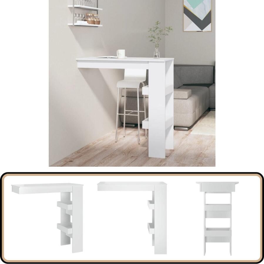 The Living Store Bartafel wandgemonteerd 102x45x103 5 cm hout hoogglans wit Bartafel Wandmontage Houten Bartafel Witte Bartafel Kookeiland Bartafel - Foto 2