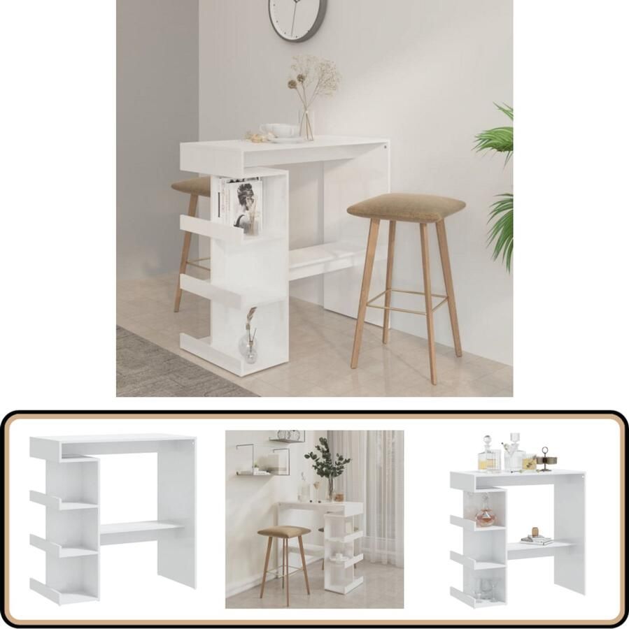 VidaXL Bartafel hoogglans wit met opbergrek Bartafel Bistrotafel Witte Bartafel Houten Bartafel Met Opbergvakken Eetkamertafel