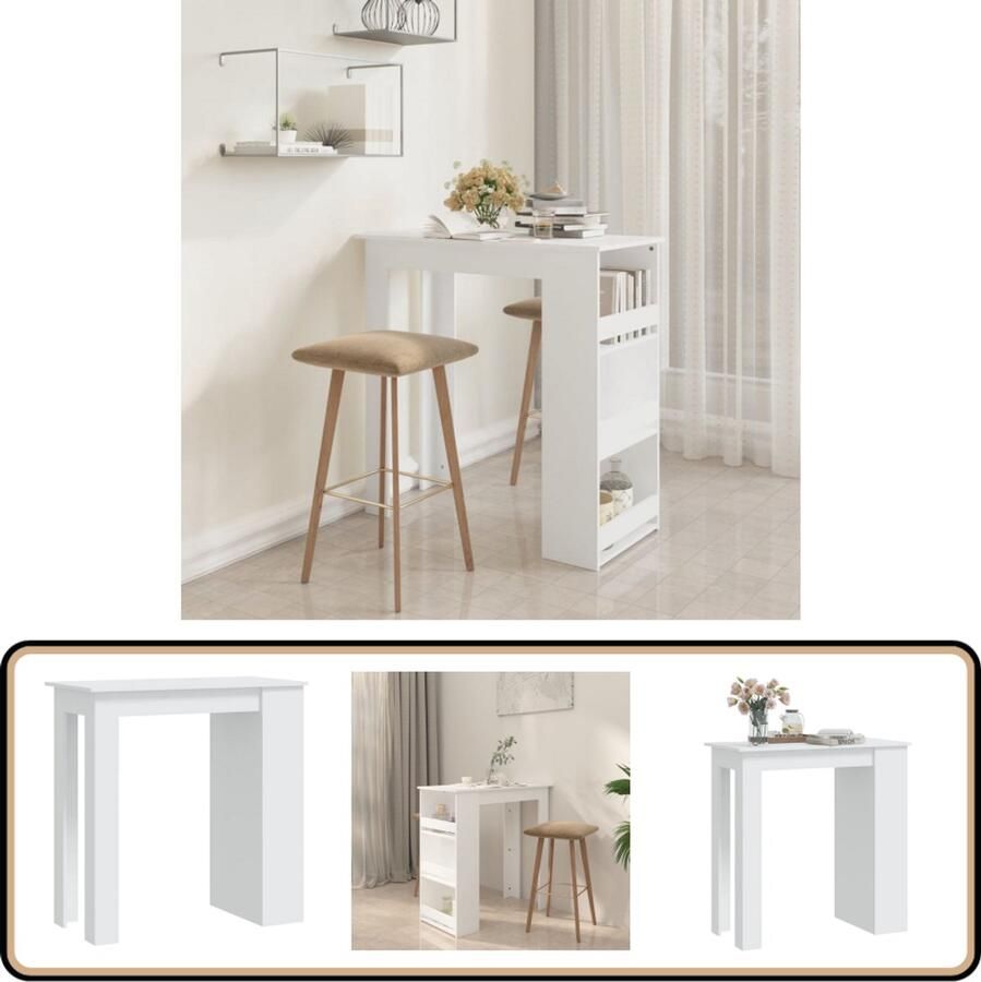 VidaXL Bartafel Wit Bewerkt hout Met opbergrek Bartafel Witte Bartafel Met Opbergruimte Houten Bartafel Salontafel