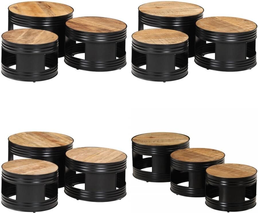 VidaXL Bartafels 3 st trommelontwerp massief ruw mangohout Tuinbartafel Tuinbartafels Bartafel Buiten Bartafel