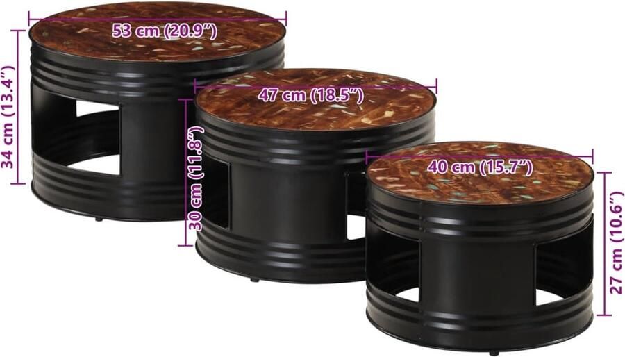 VidaXL Bartafels 3 st trommelvormig massief gerecycled hout