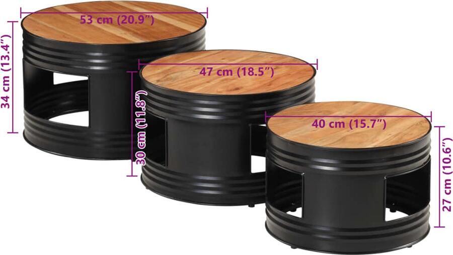VidaXL Bartafels 3 st trommelvormig massief ruw acaciahout - Foto 2