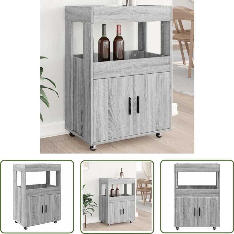The Living Store Drankkar 60x39 5x89 cm bewerkt hout grijs sonoma eikenkleurig Keukentrolley Barwagen Drinkkar Houten Trolley Opslagoplossing