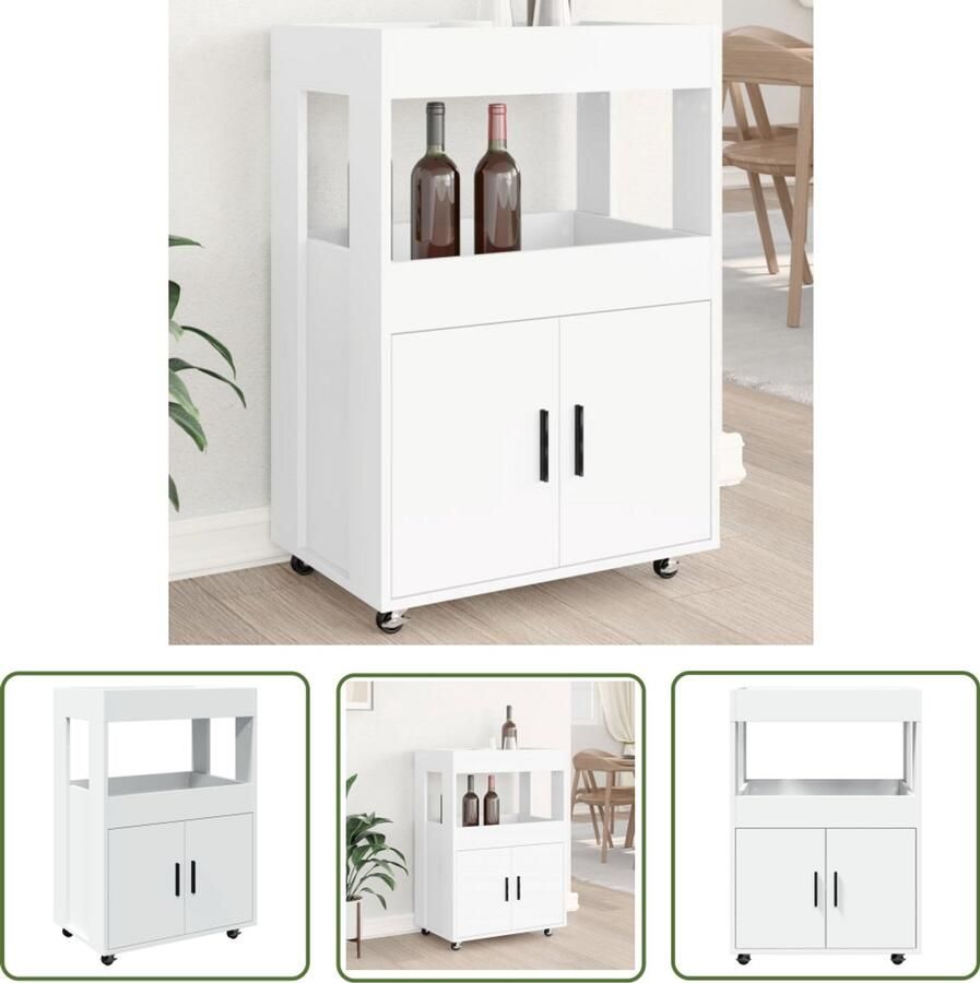 The Living Store Drankkar 60x39 5x89 cm bewerkt hout wit Keukentrolley Draanrek Houten Trolley Serveerwagen Kookeiland Accessoires
