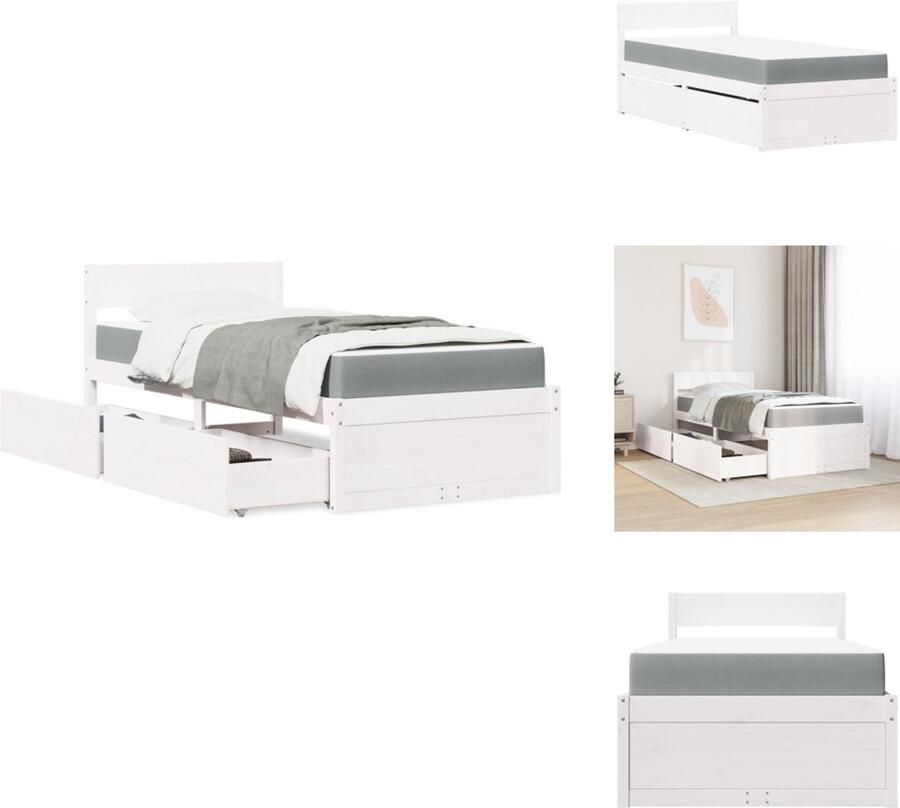 VidaXL Bed Bedden Bedframe Bedbodem Bed met lades en matras massief grenenhout wit 90x190 cm