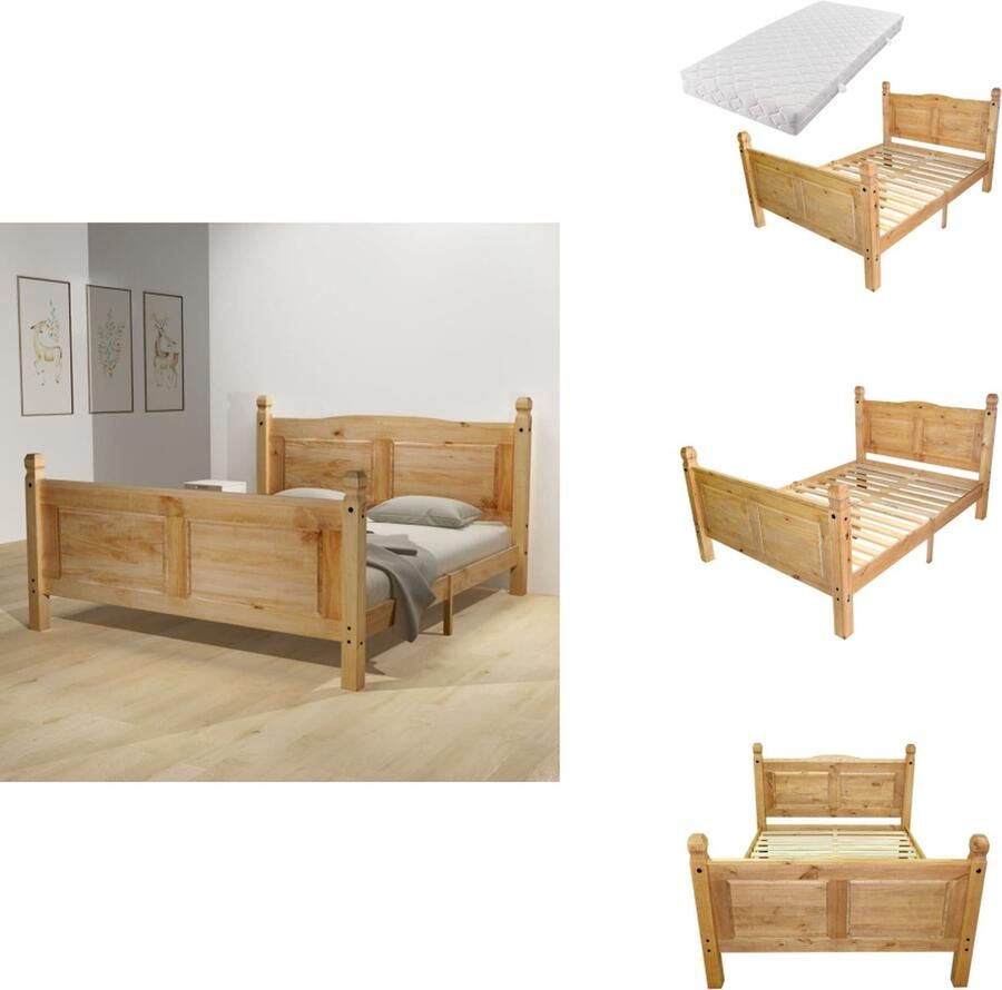VidaXL Bed Mexico Corona Bruin 162.5 x 216 x 112.5 cm Massief grenenhout Matras Wit 160 x 200 x 17 cm Drukontlastend en vochtabsorberend Bed