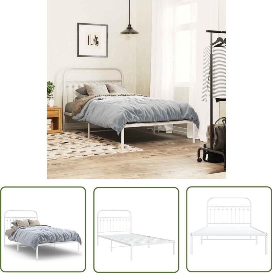VidaXL Bedframe met hoofdbord metaal wit 107x203 cm Bedframe Bed Slaapkamer Staal Wit