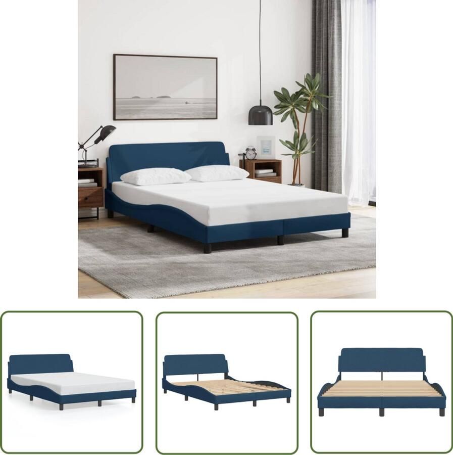 VidaXL Bedframe met hoofdeinde Dover 140x200 cm stof blauw Bedframe Bed Slaapkamerinrichting Tweepersoonsbed Blauwdruk