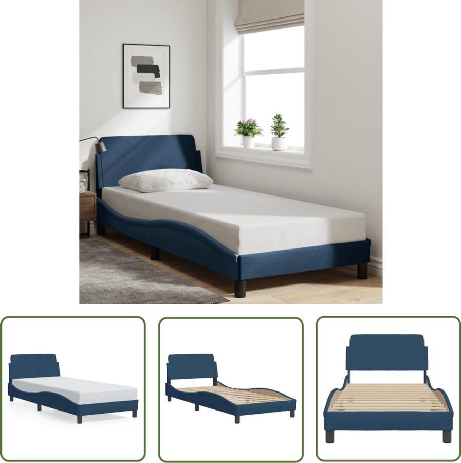 VidaXL Bedframe met hoofdeinde Dover 80x200 cm stof blauw Bedframe Bed Tweepersoonsbed Blauwdruk Stoffen Bed