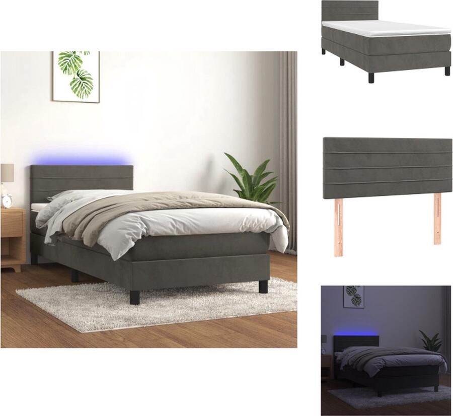 VidaXL Boxspring Donkergrijs Fluweel 203 x 100 x 78 88 cm Verstelbaar hoofdbord Kleurrijke LED-verlichting Pocketvering matras Huidvriendelijk topmatras 1 x bedframe 1 x matras 1 x topmatras 1 x LED-strip Bed - Foto 2