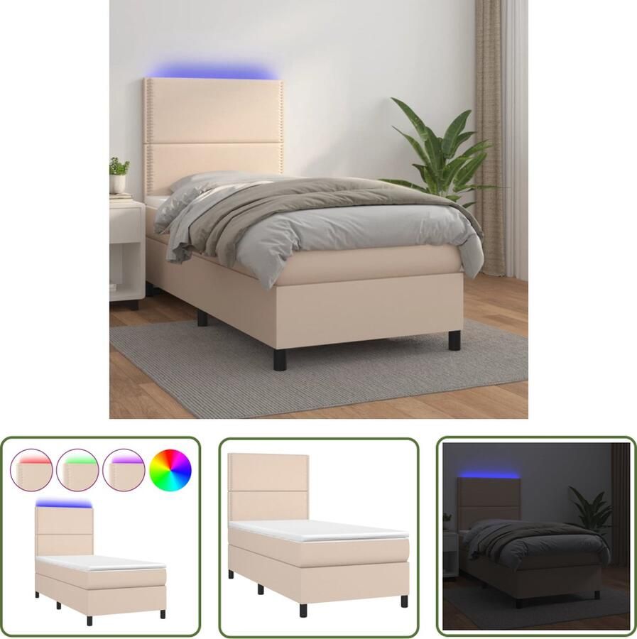 The Living Store Bed Cappuccino Kunstleer 193x90x78 88 cm + Pocketvering Matras 90x190x20 cm + Bedtopmatras 90x190x5 cm + LED-strip 55 cm IP65 Boxspring Bed Kapstok Lederlook Led Lamp