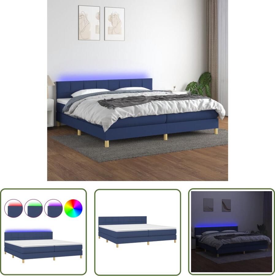 The Living Store Boxspring Blue Pocketvering Matras LED Verlichting Verstelbaar Hoofdbord 200x200 cm Boxspring Bed Led Verlichting Blue Tweepersoonsbed