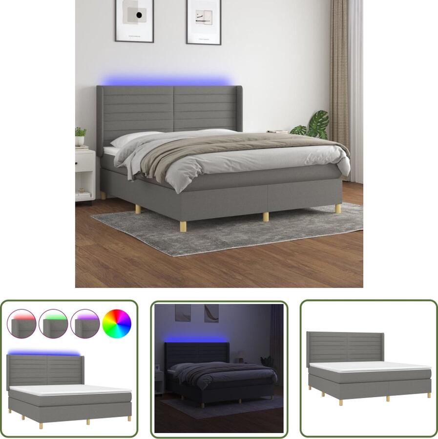 The Living Store Boxspring Dark Grey 203x163x118 128 cm LED Pocketvering Skin-Friendly Boxspring Bed Dark Grey Led Lamp Pocketed Spring Mattress