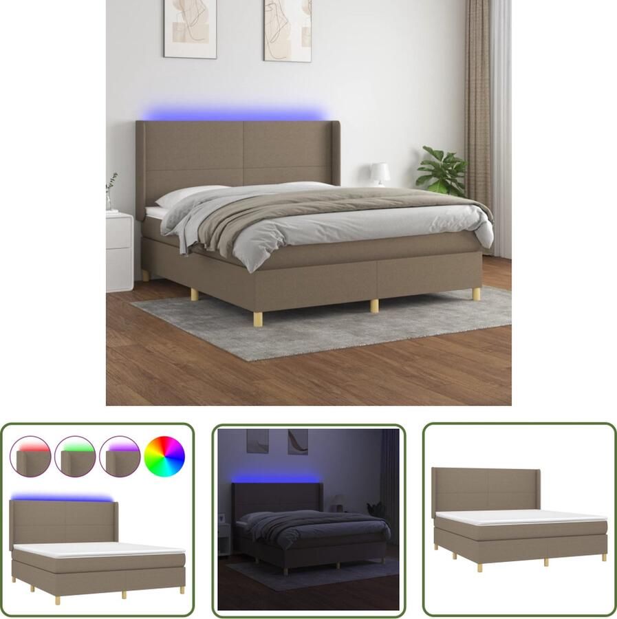 The Living Store Bed Boxspring 160 x 200 cm Stof LED Pocketvering matras Huidvriendelijk topmatras Taupe Boxspring Bed Led Lamp Pocketveer Matras Taupecolor