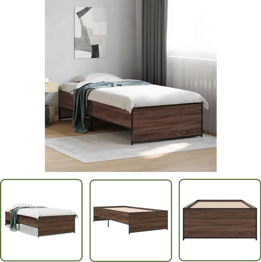 VidaXL Bed Frame 100x200 Bruin Houten Bed Frame Bedframe bewerkt hout en metaal bruin eikenkleurig 100x200 cm Tweepersoons Bed Frame Modern Bed Frame Design Bed Frame