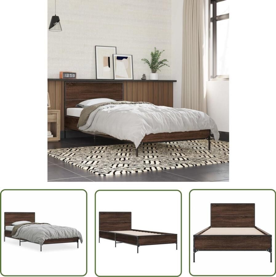 VidaXL Bed Frame 100x200 Bruin Houten Bed Frame Bedframe bewerkt hout en metaal bruin eikenkleurig 100x200 cm Tweepersoons Bed Frame Bed Frame Met Hoofdbord Minimalistisch Bed Frame