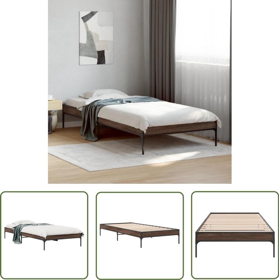 VidaXL Bed Frame 100x200 Bruin Houten Bed Frame Bedframe bewerkt hout en metaal bruin eikenkleurig 100x200 cm Tweepersoons Bed Frame Modern Bed Frame Landelijk Bed Frame