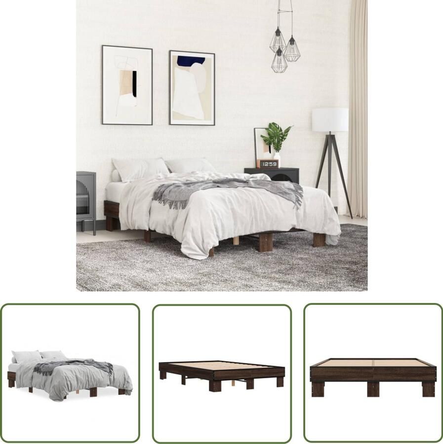 VidaXL Bed Frame 120x190 Bruin Houten Bed Frame Bedframe bewerkt hout metaal bruin eikenkleur 120x190 cm Tweepersoons Bed Frame Bed Frame Modern Bed Frame Klassiek