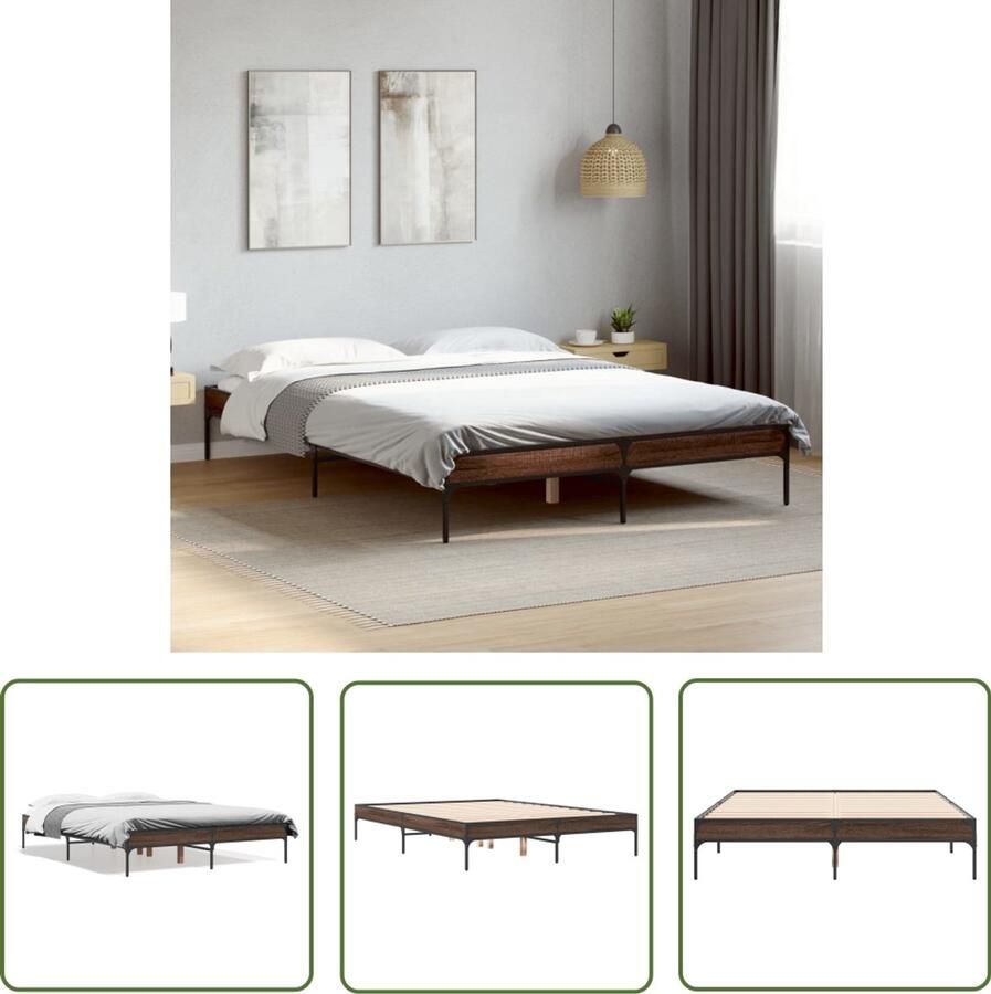 VidaXL Bedframe bewerkt hout metaal bruin eikenkleur 135x190 cm Bruin Houten Bed Frame Bed Frame 135x190 Tweepersoons Bed Frame Bed Frame Met Lattenbodem Vintage Bed Frame