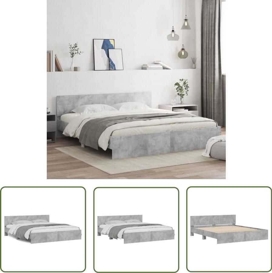 VidaXL Houten Bed Frame Beton Grijs Bed Frame Bedframe met hoofdeinde betongrijs 180x200 cm Tweepersoons Bed King Size Bed Modern Bed Frame
