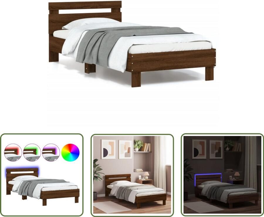 VidaXL Bed Frame 90x190 Bruin Houten Bed Bedframe met hoofdbord en LED bruin eikenkleur 90x190 cm Led Bed Frame Tweepersoons Bed Compact Bed