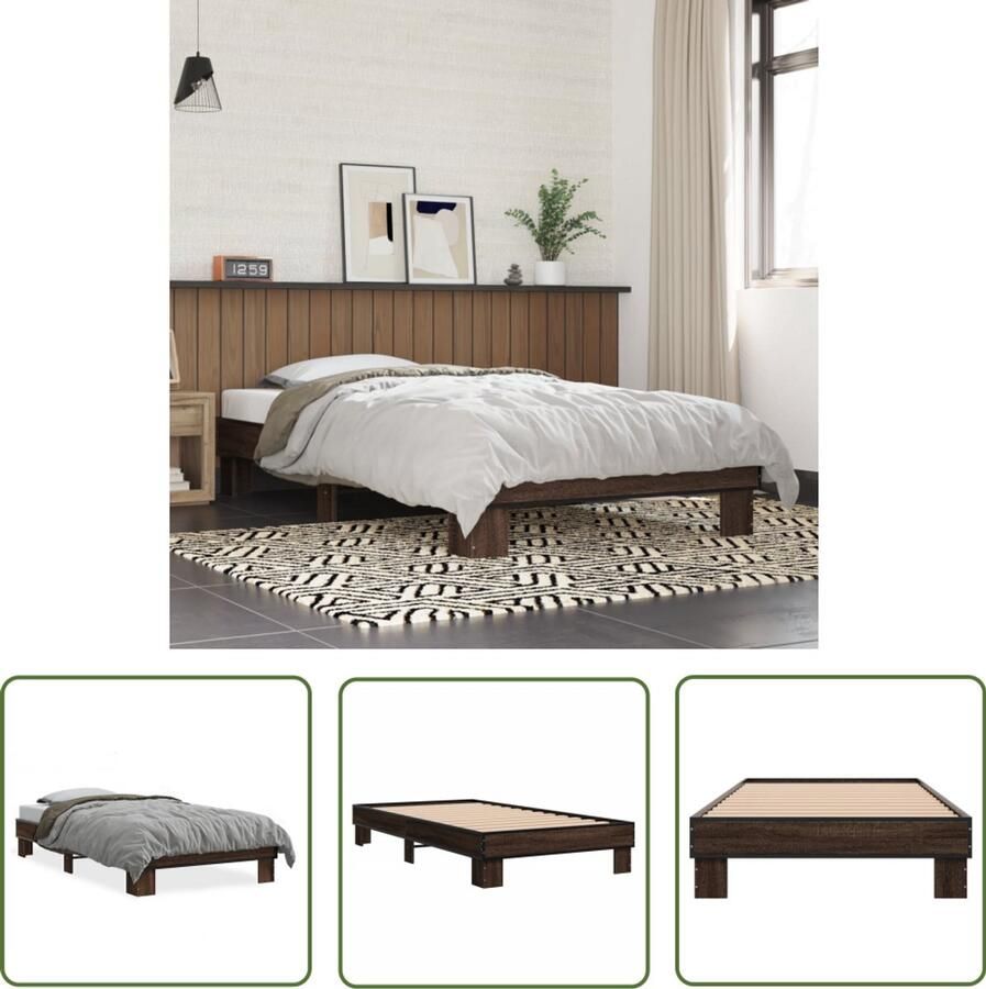 VidaXL Bed Frame 90x190 Bruin Houten Bed Frame Bedframe bewerkt hout en metaal bruin eikenkleurig 90x190 cm Tweepersoons Bed Frame Bed Frame Met Metalen Poten Bed Frame Multiplex