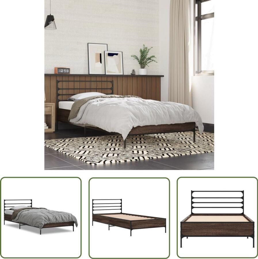 VidaXL Bedframe bewerkt hout en metaal bruin eikenkleurig 90x200 cm Bruin Houten Bed Frame Bed Frame 90x200 Tweepersoons Bed Frame Bed Frame Met Hoofdbord Bed Frame Met Lattenbodem