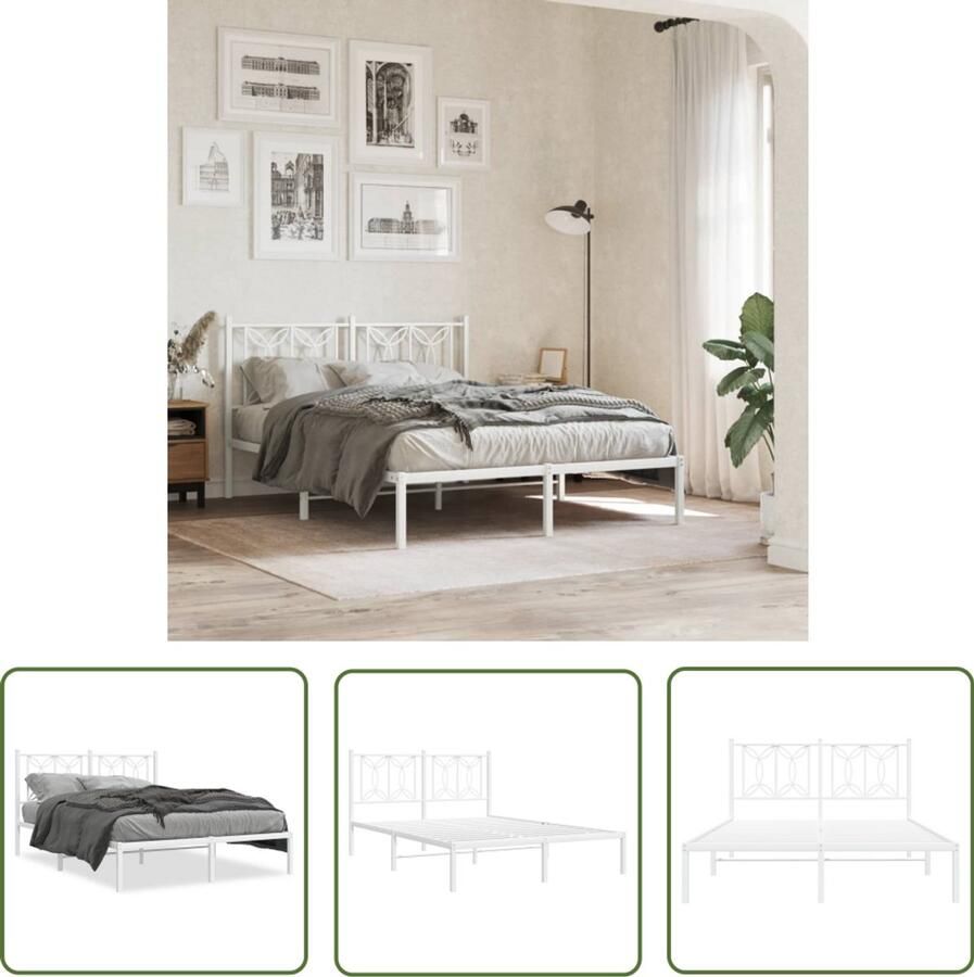 VidaXL Bed Frame Bedframe met hoofdbord metaal wit 135x190 cm Metalen Bed Wit Bed 135x190