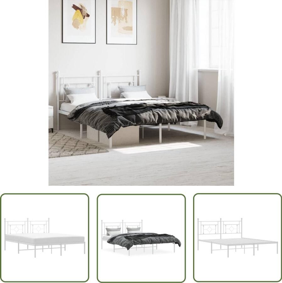 VidaXL Bedframe met hoofdbord metaal wit 160x200 cm Bed Frame Bed Metalen Bedframe Staal Bedframe Wit Bedframe