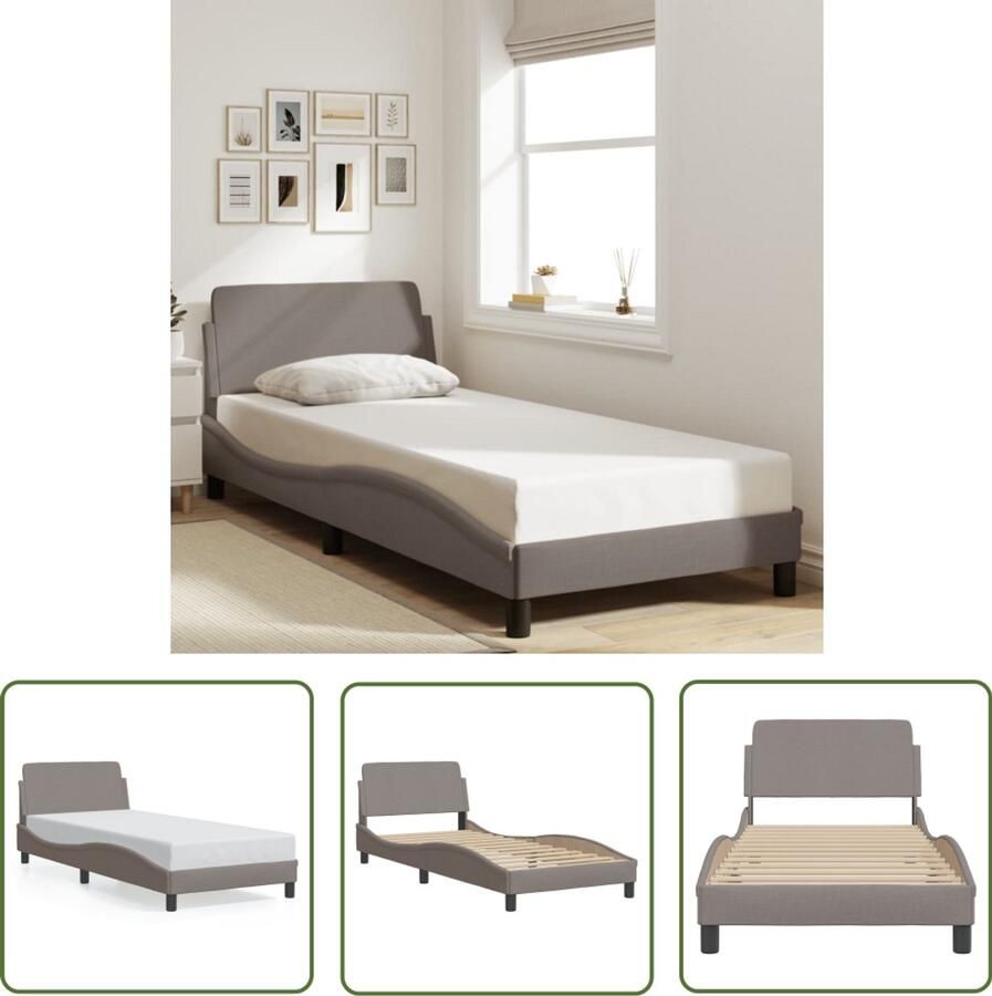 VidaXL Bedframe met hoofdeinde Dover 90x200 cm stof taupe Bed Frame Bed Tweepersoonsbed Taupecloured Bed Houten Bed