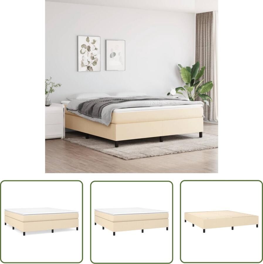 The Living Store Boxspringframe crème 203 x 180 x 35 cm stof multiplex en bewerkt hout Boxspring Frame Bed Frame Tweepersoons Bed Creme Kleur Stoffen Bed