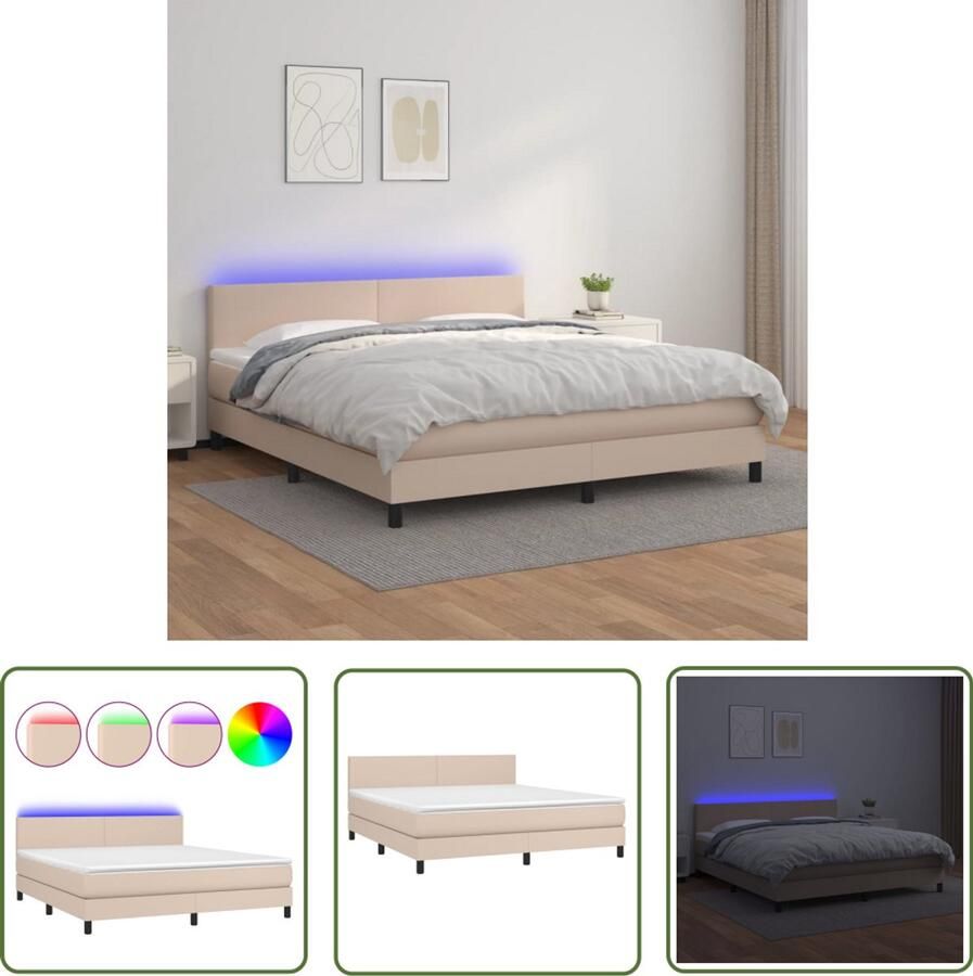 VidaXL Bed Frame Boxspring met matras en LED kunstleer cappuccinokleur 160x200cm Leder Look Led Verlichting Tweepersoonsbed