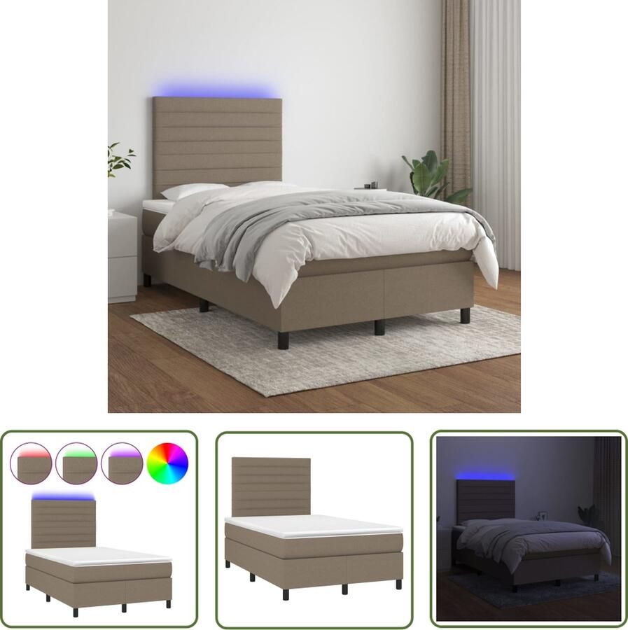 The Living Store Bed Boxspring Taupe 203 x 120 x 118 128 cm Verstelbaar hoofdbord Kleurrijke LED-verlichting Pocketvering matras Huidvriendelijk topmatras USB-aansluiting